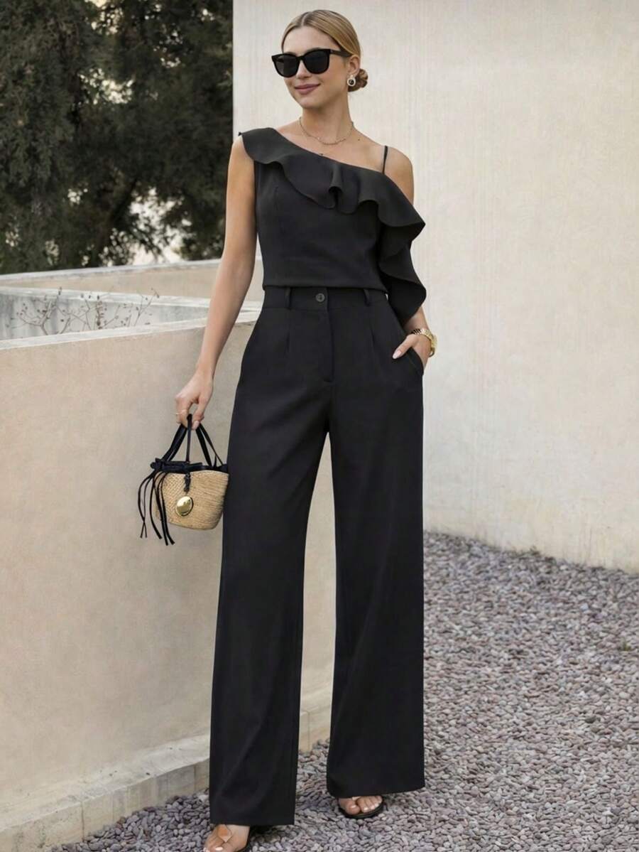 A&DD FASHION, Reference Number: Y493 - Set, Women's Two-Piece Suits, High-Waisted Wide-Leg Pants, Trousers, Camisole, Crop Top, Ruffled Hem Design, Comfortable To Wear, Sophisticated Look, High Quality, Stylish Look, Versatile, Elegant Style, Two-Piece Suits, Casual Chic Look, Comfortable And Stylish, Pants With Pockets, Elegant Suits, Perfect For Spring And Summer, Blogger Style, Casual And Formal, Suitable For All Occasions, Elegant And Fashionable, Feminine Look, Summer 2025 Collection. - 黑色 - 查看 1