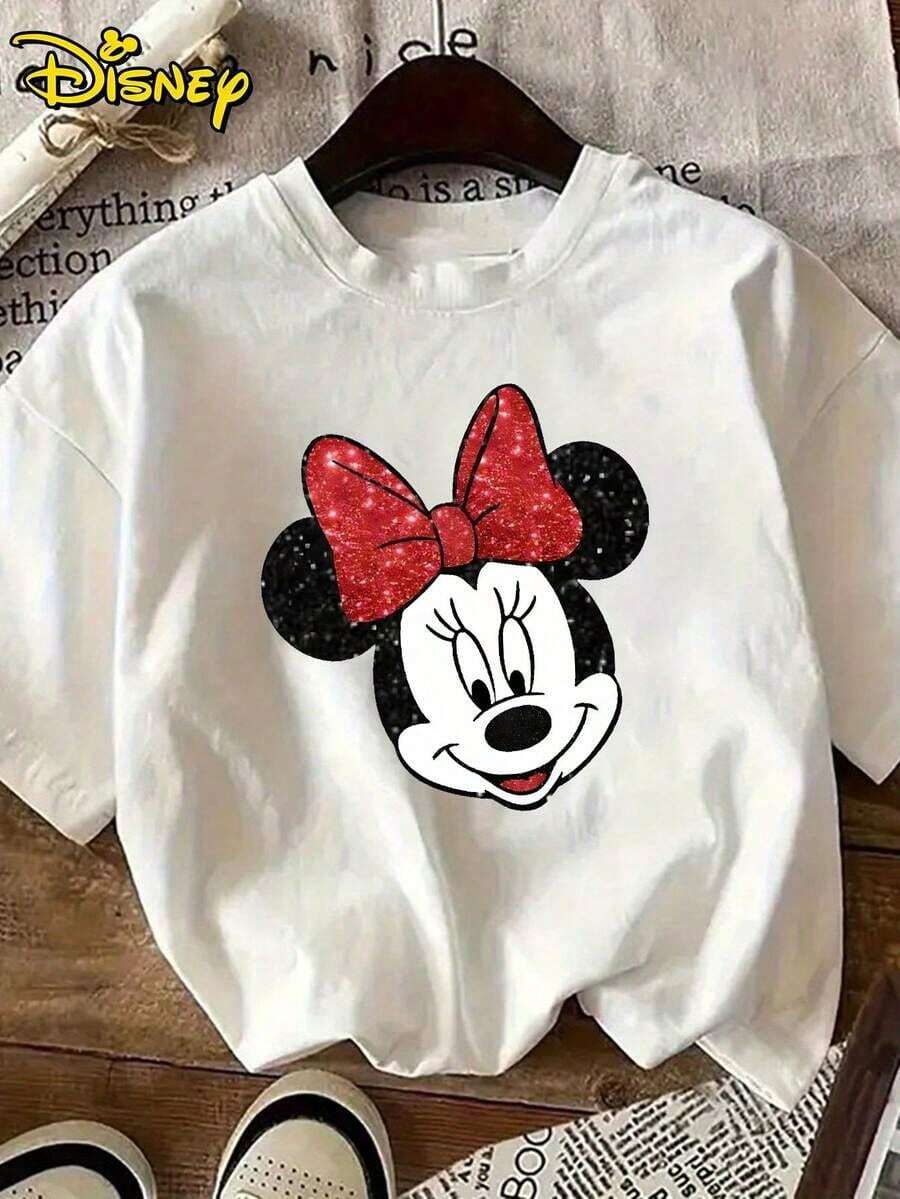 (Loose Version)Cute Women's Disney Minnie Mouse White Cotton T-Shirt With Glitter Bow, Short Sleeve Round Neck Regular Fit Top, Medium Stretch Fabric Short-Sleeved Round Neck Casual Shirt Necessary In Summer, Suitable For Summer And Spring, Holiday Gift Party Clothing, Ladies' Clothing.--Disneys Disneyland Paris The Magic Kingdom Disneyesque The House Of Mouse Mickey Mouse Empire Modest Summer Outfits Take That T Shirt Summer Coord Tops For Women Summer Summer Clothes Women Summer Clothes Summer Tops Summer Tops Women Summer Co Ord Summer Top Summer Outfits White Top Black Top Holiday Outfits For Women  Tops For Women Summer Holiday Gifts Valentine's Day Gifts Earth Day Gifts Oktoberfest Gifts Summer Bank Holiday Gifts - trắng - Xem 1