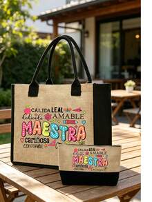 Large Capacity Linen Tote Bag With Minimalist Cosmetic Bag & Coin Purse, Colorful "Maestra" Letter Print Pattern, Fashion Women's Canvas Handbag, Portable Casual Storage Bag, Multifunctional Shopping Bag, Innovative Design, Large Capacity, Suitable For Shopping, Commuting, Students Back To School, Beach, Vacation, Mother's Day, Summer, Back To School Gift - Multicolor - View 7