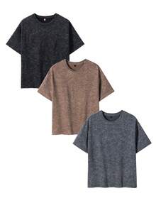 3pcs Regular Short Sleeve T-Shirts, INS Style Solid Color Acid Wash Vintage Street, Deep Gray Heavy Wash Comfortable Versatile Tops Casual Summer - Dark Grey - View 4
