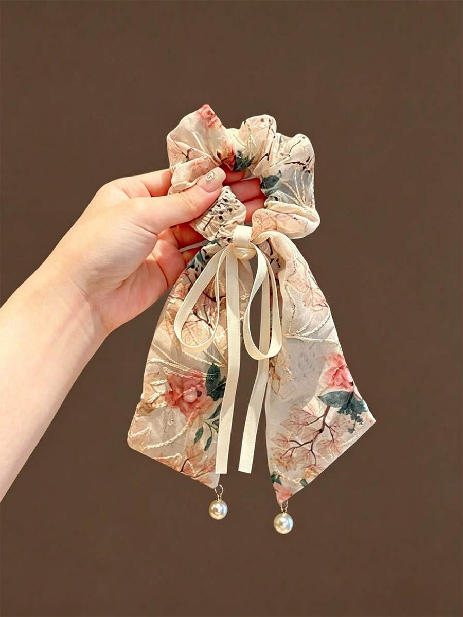 1件新款刺繡花卉蝴蝶結緞帶彈性高級珍珠女款髮圈髮飾
