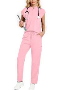 Set de 2 piezas que incluye top de cuello mao y pantalones, conjunto de ropa de trabajo de unicolor rosa primavera - Rosa - Ver 7