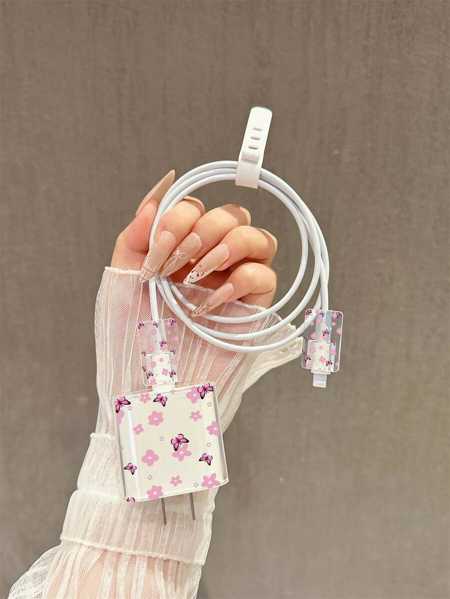 Bộ 4 ốp bảo vệ sạc TPU trong suốt họa tiết hoa và bướm, tương thích với iPhone 14/15/16/17 Pro Max, dùng được cho bộ sạc 18W/20W - Bao gồm cáp và nắp đậy phích cắm, món quà sinh nhật lý tưởng. - Nhiều màu - Xem 1