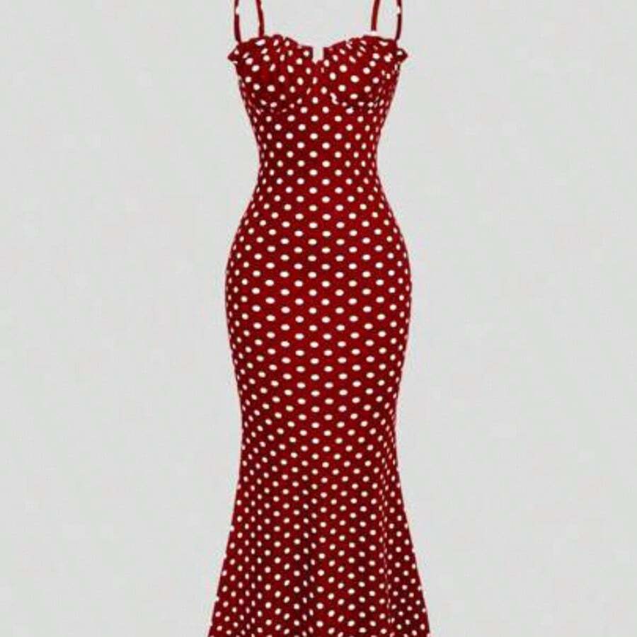 Sweetro Spring/Summer Black & White Polka Dot Sexy Backless Spaghetti Strap Dress For Women - Rojo - Ver 1