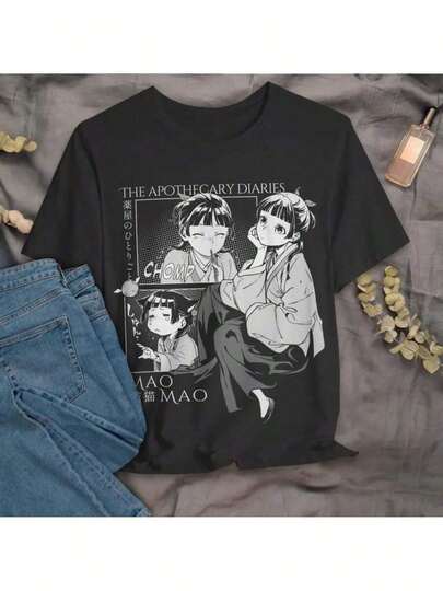 Camiseta negra para hombre y mujer con estampado de personaje de anime, camiseta de manga corta de algodón, cuello redondo, estilo vintage, holgada, unisex, para verano, mujer, tops y2k, tops de algodón, top negro, camiseta, camiseta de algodón para mujer.