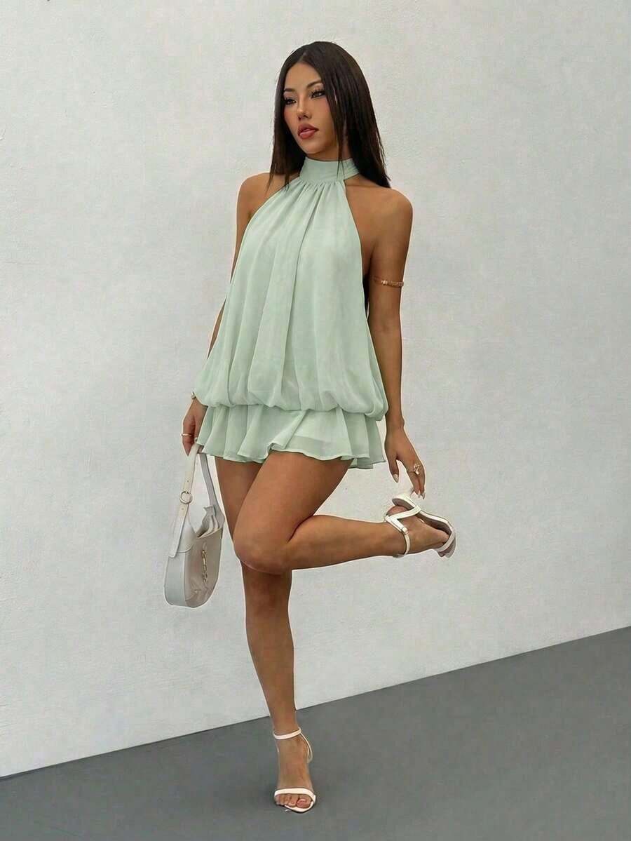 Vestido mini elegante de mujer con cuello halter y lazo en color beige - verde menta - Ver 1