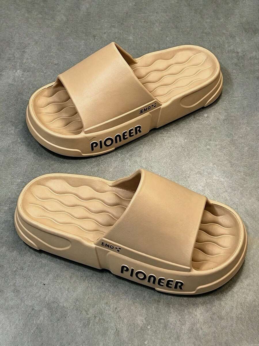 Minimalist One-Piece Slide Sandals, Suitable For Outdoor, Indoor, Bathroom, Soft EVA Sole Beach Slippers, Versatile Casual Slippers For Men In Summer - Khaki - View 1