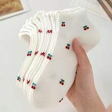 5/10 Pairs Women's Fresh Fruit Cherry Plum Pattern Ruffle Design Short Socks, Casual Sweet Style Daily Wear - White - View 2