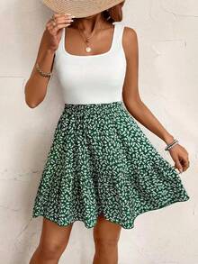 Vestido de vacaciones informal estampado sin mangas con cuello cuadrado elegante y a la moda de verano para mujer - Verde - Ver 1