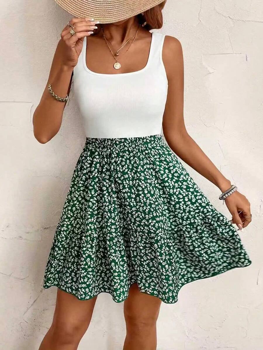 Vestido de vacaciones informal estampado sin mangas con cuello cuadrado elegante y a la moda de verano para mujer - Verde - Ver 1
