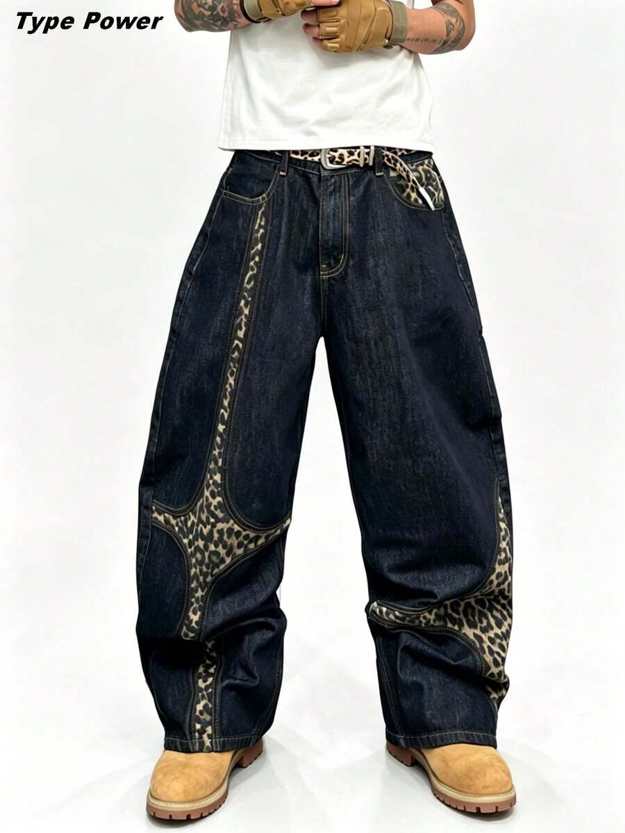 Type Power 1PC Men's Baggy Jeans, Leopard Print Patchwork Retro Washed Wide Leg Streetwear Skate Pants For Daily Wear, Multi Sizes - Black - View 1