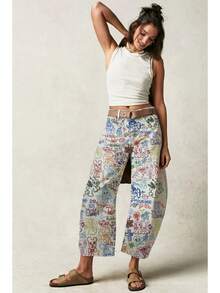 Vintage Floral Print Barrel-Shaped Jeans High-Waisted Wide-Leg Yellow Denim Trousers Vintage Y2K Style Casual Pants - 卡通塗鴉 - 查看 1