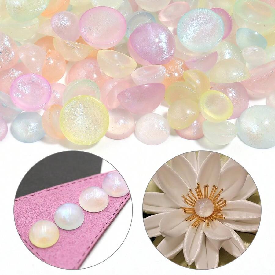 30-100pcs/Pack Mermaid Glow-In-The-Dark Ring Bases, 10-14mm Acrylic Coated Iridescent Flat Half-Round Cabochons, Handmade DIY Ring Pendant Jewelry Settings