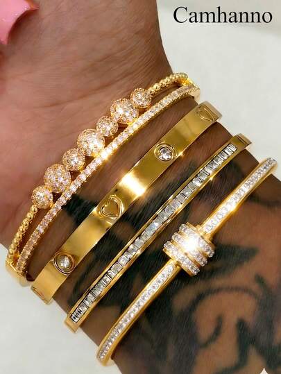 Camhanno 1/4 Peças Conjunto de Pulseiras de Aço Titanium com Diamantes Totalmente Pavimentados em Formato de Coração Losangular, Banhado a Ouro Não Desbotante, Joia Elegante para Uso Diário e Versátil para Encontros