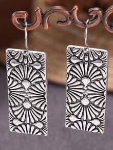 Retro Floral Pattern Rectangular Long Earrings, Simple Accessory For Women's Daily Outings And Vacations - Silvery - View 8