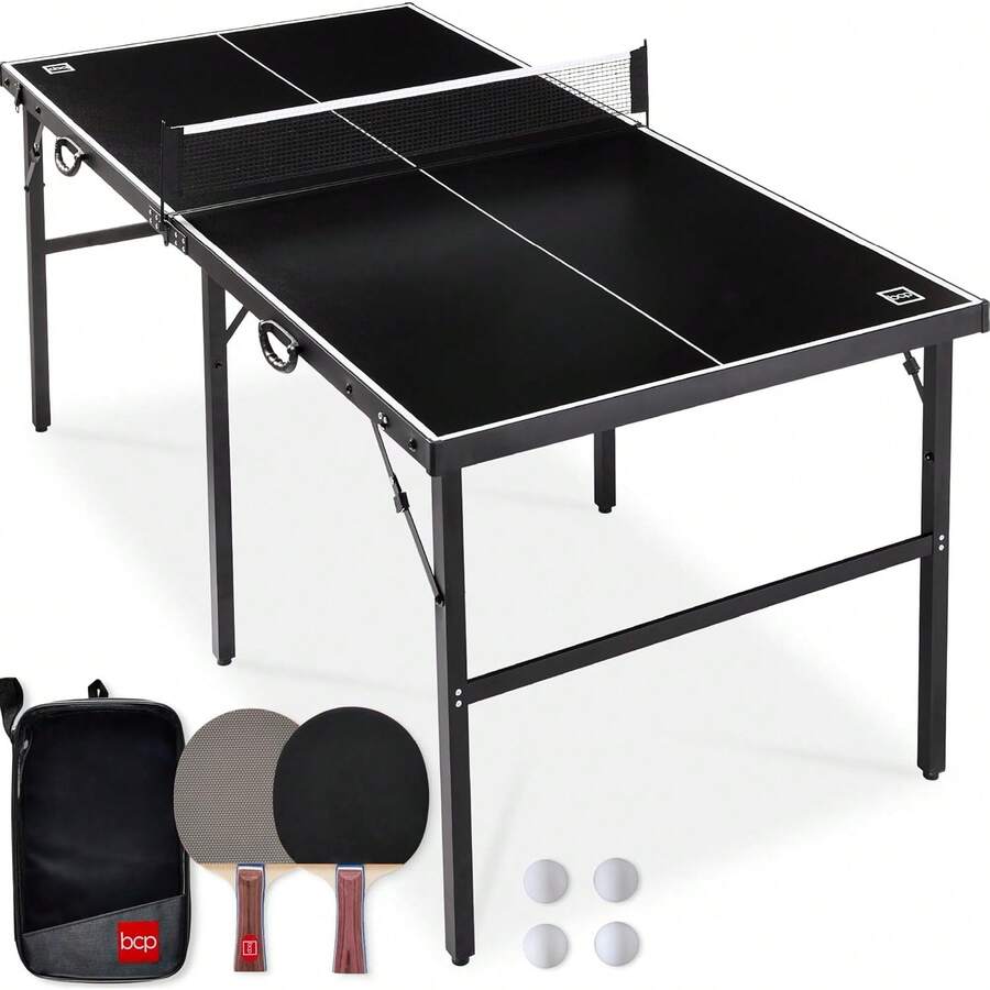 Portable Mid-Size Ping Pong Table Foldable Indoor Outdoor Table Tennis Set With 2 Paddles 4 Balls Net And Carrying Case Aluminum Frame Compact 6ft Table - Blue - View 1