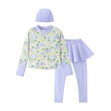 [Floral Print Long-Sleeved Swimsuit Set] Girls' Summer High-Elasticity Water-Repellent Two-Piece Skirt Swimsuit Training Swimwear - Yellow-purple Flowers - View 11