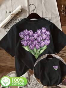 Sommartoppar [Dubbelsidigt tryck] Dam vår-/sommartoppar, fräsch stil, tulpanblomma- och gröna bladtryck, avslappnad kortärmad t-shirt med rund hals, bomulls-t-shirt, sommaroutfit. - Svart - Visa 6