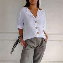 Camisa holgada de verano para mujer, Top con botones de lino y algodón con cuello en V, camisas informales, moda sólida, ropa elegante de oficina para mujer, blusa 2025 - HY6519 Blanco - Ver 6