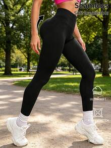 Seamless Ribbed Fitness Leggings, Slimming Form-Fitting Gym Tights, Multi-Scene Training Activewear Sports - Black - View 4