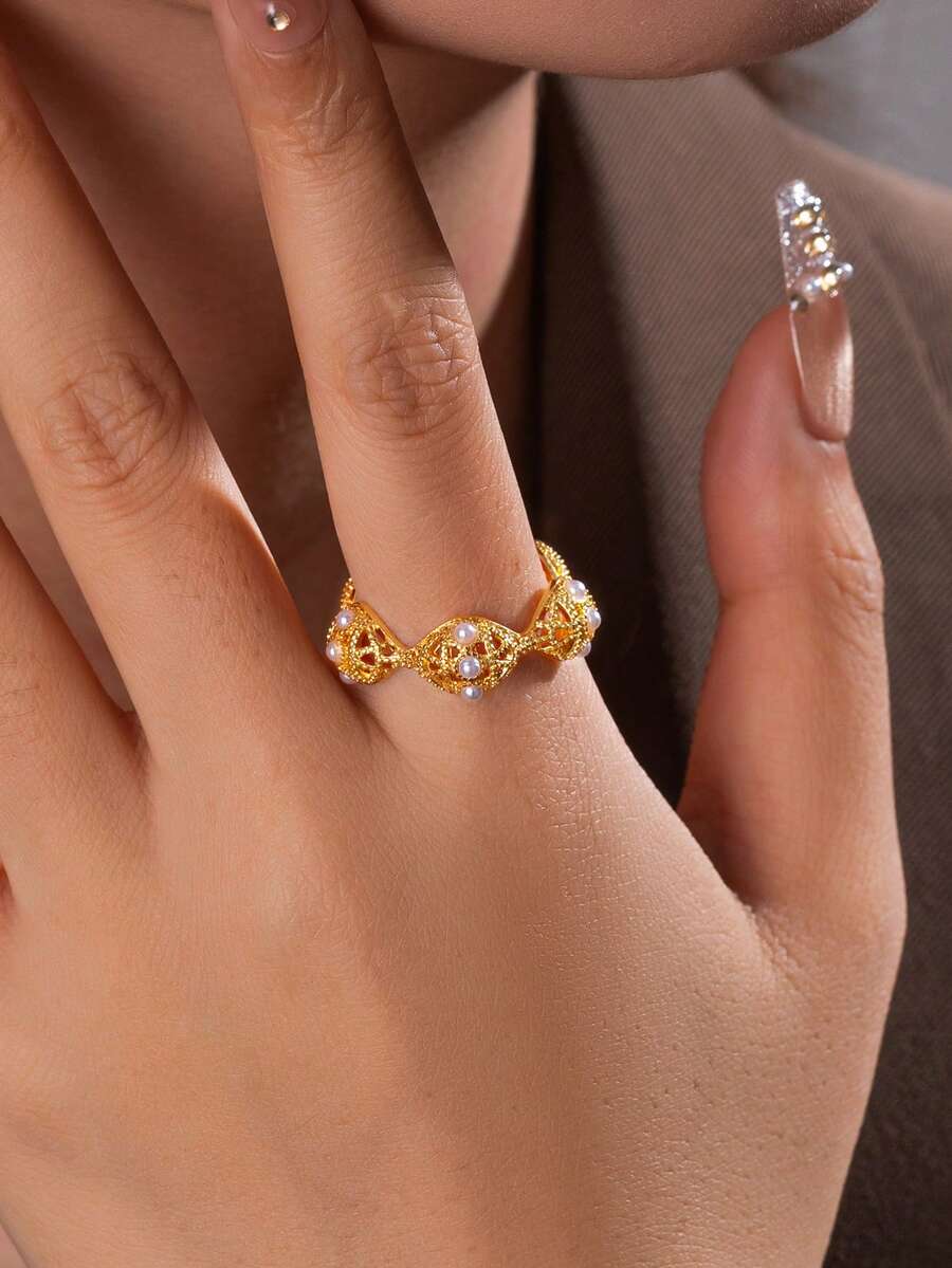 1枚铜镀金波浪纹镂空仿珍珠开口戒指，女士婚礼、约会、日常配饰，送朋友、生日、节日礼物 - 金黃色 - 查看 1
