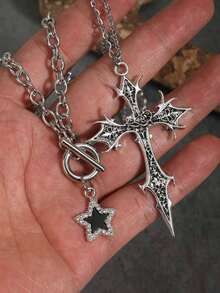 2件套水钻星星十字架流苏项链，闪亮锆石高端小众哥特式颈链，女士款 - 銀色 - 查看 3