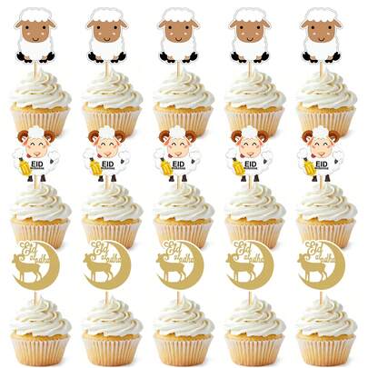 24pcs/12pcs Eid Al-Adha Sheep & Shiny Moon Cupcake Toppers, Suitable For Eid Festival Party Cake Decorations