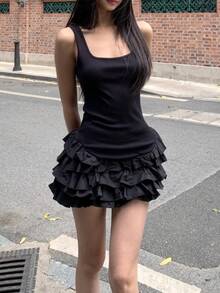 Minivestido elegante Y2K sin mangas para mujer, vestidos negros de verano, ropa Sexy para discoteca, Vestido corto plisado con volantes ajustado para fiesta - Negro - Ver 1