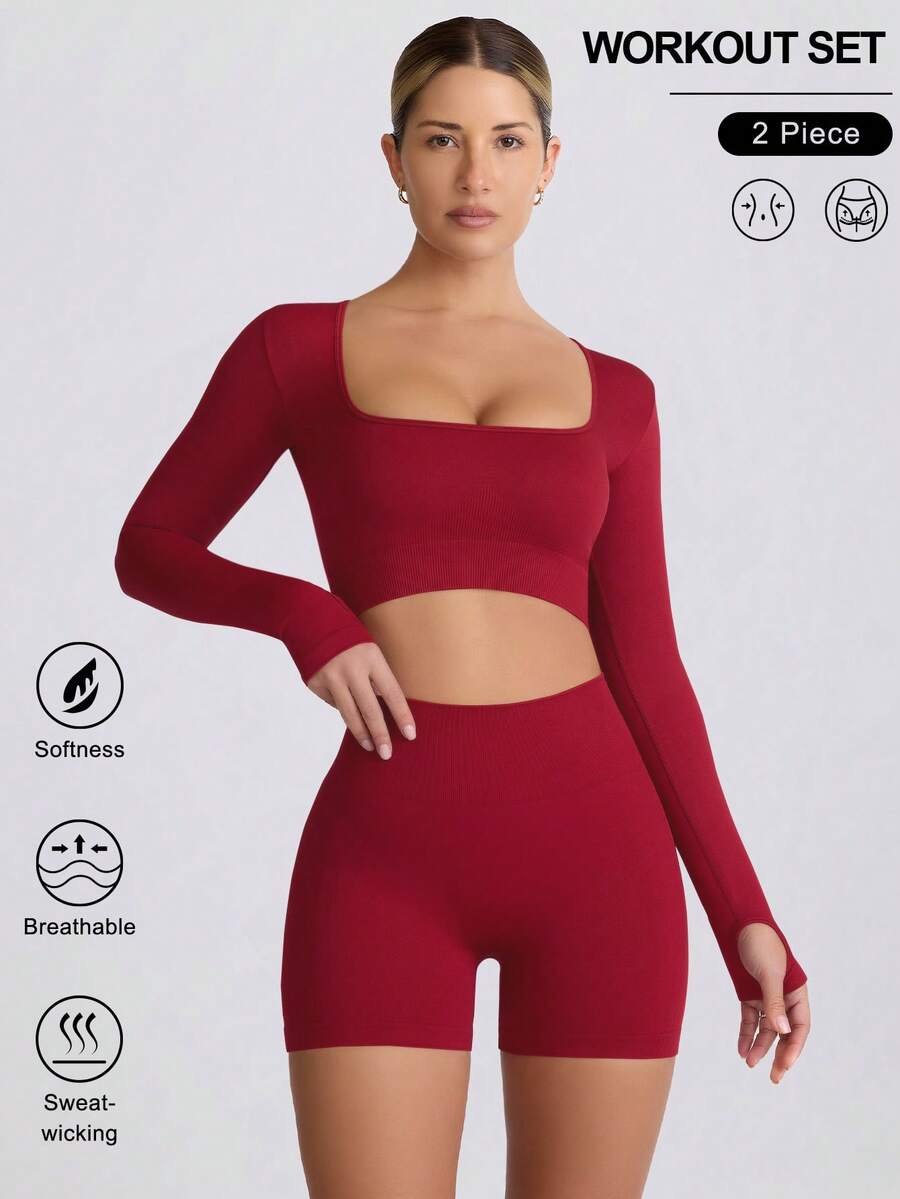 VVX Women's Seamless Sports Yoga Set Long-Sleeved Shorts Thumbholes Slim High-Waist Tummy Control Sports Set - Đỏ - Xem 1