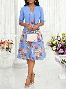 Conjunto de 2 piezas de vestido y chaqueta elegante con estampado para mujer - Azul 2 - Ver 4