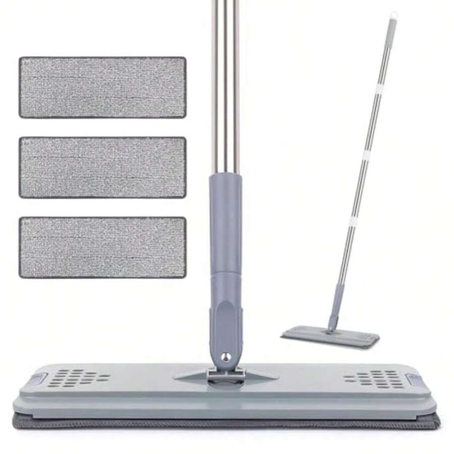 Flat Mop With 3 Pads, Microfiber Mops For Floor Cleaning Adjustable Handle 29-49, Dust Mop For Hardwood Floors, Wet Dry Use On Laminate Wood Tile Vinyl Wall Mopping Bathroom Kitchen Household Supplies - 灰色的 - 查看 1