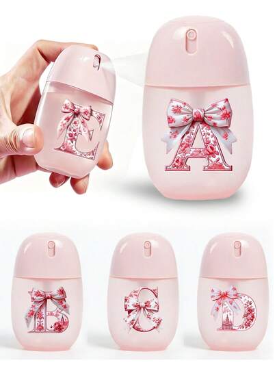 Frasco plástico vazio com estampa de letras e laço rosa, frasco spray com bomba, frasco portátil e recarregável, pode ser preenchido com solução de limpeza, repelente de insetos, produtos para a pele, reutilizável, presente, adequado para uso diário, essencial para viagens, névoa fina, à prova de vazamentos, recipiente para banheiro