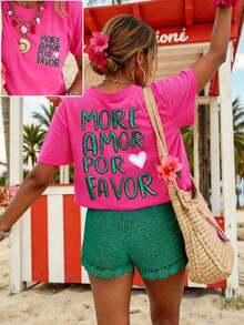 Camiseta gráfica para mujer , estilo casual de manga corta, top lindo para el verano.Conjuntos de verano bonitos para mujeres.Camiseta Zumba para mujer.Ropa de playa para mujer.Camisetas para damas para el verano.Conjunto de ropa de día a día para mujer - rosa brillante 8 - Ver 3