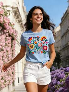 Mexican-Style T-Shirt With A Colorful Floral Print Featuring Festive Motifs, Casual Short-Sleeved Top With A Round Neck For Women. DWRM - 淺藍色 - 查看 4