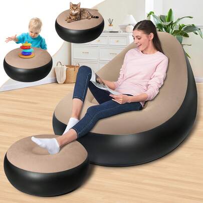 Bộ 2 ghế sofa bơm hơi phủ nhung, ghế thư giãn gấp gọn, giường sofa ngoài trời chống trượt, màu cà phê.