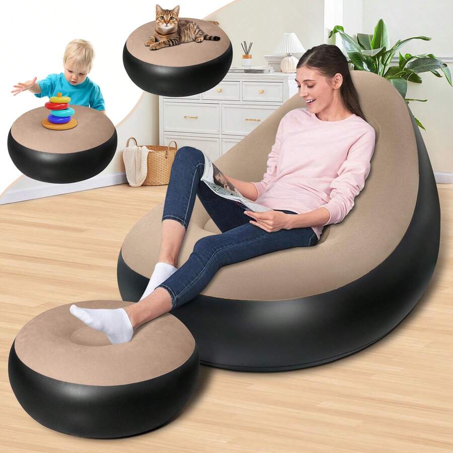 2 piezas Sofá inflable con felpa, sillón reclinable plegable, sofá cama para exteriores con comodidad antideslizante, color café