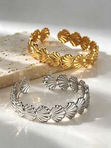 Brazalete abierto ajustable estilo océano con concha, pulsera de acero inoxidable de lujo minimalista - Multicolor - Ver 5