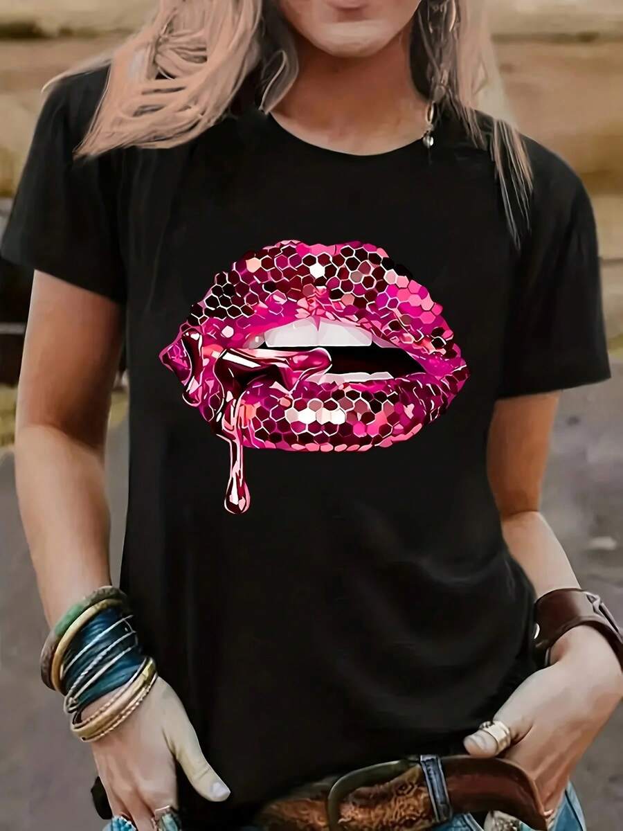 Camiseta Mujer Estampado Labios Brillo Lentejuelas, Playera Casual Divertida Manga Corta Cuello Redondo, Top Estilo Urbano Pop Art con Efecto 3D, Ropa Streetwear Llamativa para Fiesta y Diario - Negro - Ver 1