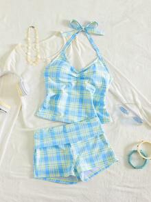 Bộ đồ bơi Tankini nữ, áo croptop hai dây phối quần short, trang phục đi biển thời trang phù hợp cho hồ bơi, thể thao, kỳ nghỉ, bãi biển mùa hè. - Màu xanh nhạt - Xem 6