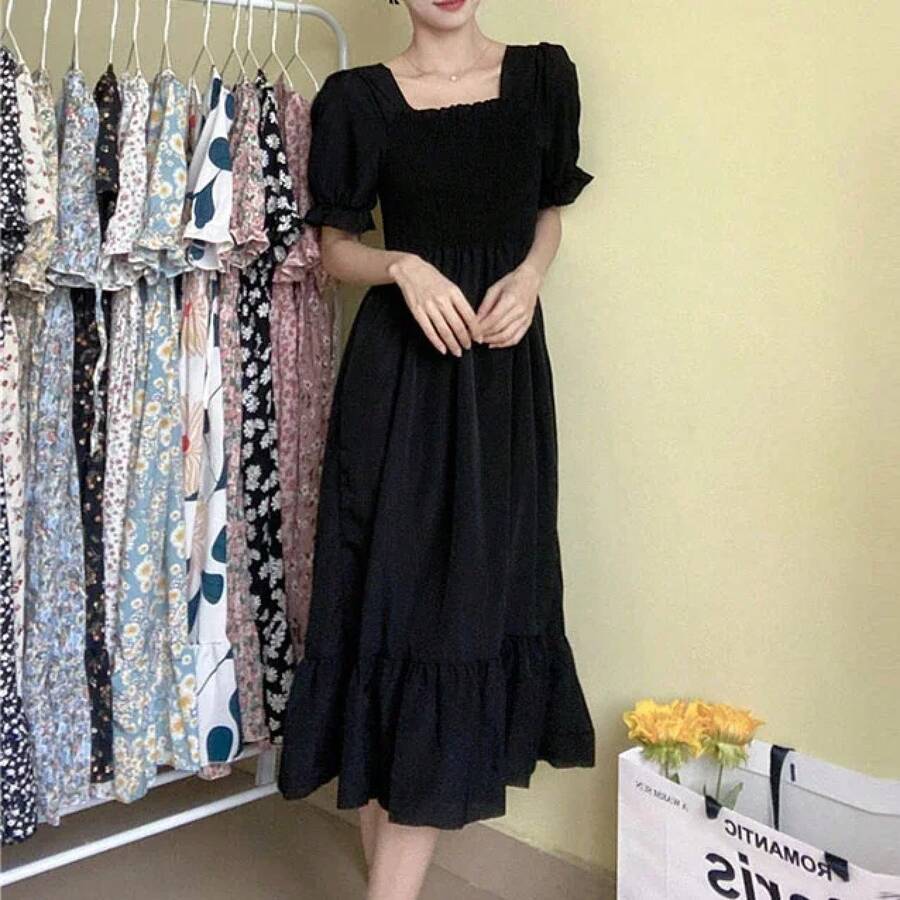 Primavera Verano cintura elástica vestido de gasa mujeres Vestidos casuales moda femenina Vestidos de manga corta plisado A-line Vestidos - él - Ver 1
