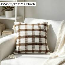 1pc Brown & White Plaid Minimalist Stylish Throw Pillow Cover (Pillow Insert Not Included), Embroidered Tasseled Corners, Nordic Style, Zipper Closure, Machine Washable Square Cushion Cover, Suitable For Home, Office, Sofa, Car, Bedroom, Garden, All Seasons - Multicolor - View 5