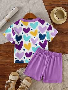 2pcs/Set Infant Girls' 0-3 Years Old Colorful Heart Print Top + Solid Color Shorts, Casual & Simple, Suitable For Daily Wear In Summer - Purple - View 3