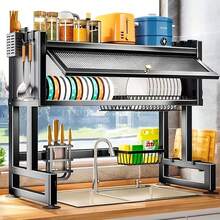 Dustproof Cover Over The Sink Dish Rack, Space Saving Kitchen Sink Shelf, Large Capacity Dish Drying & Storage Organizer - Black - View 5