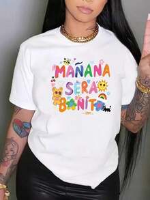 Women's Clothing Short Sleeve Crew Neck Graphic Print T-Shirt 100% Cotton For Women - "Tomorrow Will Be Beautiful" With Colorful Graffiti Art Inspired Print, Y2K Latin Aesthetic, Fun, Casual, For Everyday Wear, Urban Style, Women's Shirts - 白色 - 查看 6