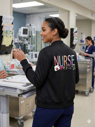 Nurse-Themed Casual Long-Sleeved Stand-Collar Jacket With Nurse Letter Print, Suitable For Spring/Autumn/Winter/Summer, A Perfect Gift For Friend.Women Stand-Collar Jacket Women Tops,Acation Outfits Women,Summer Outfits For Women,Free Shipping
