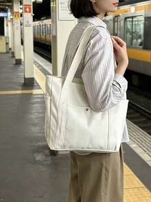 Large Capacity Women's Canvas Tote Bag, Elegant Solid Color Shoulder Handbag, Multi-Functional Commute/Work/School Bag - White - View 6