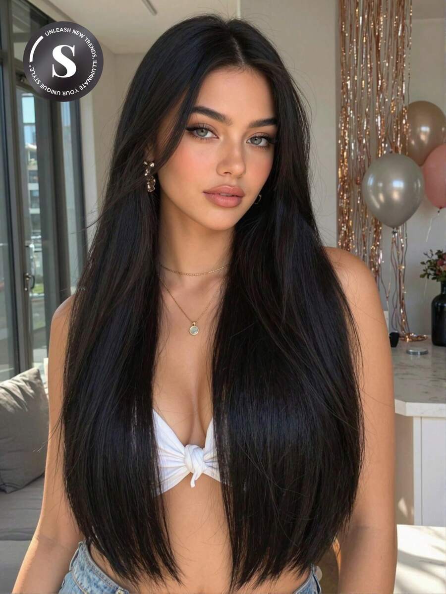 30 Inch 13x4 Lace Black Front Wig For Women Long Straight Synthetic Hair Wig Pre Plucked Natural Hairline Heat Resistant Glueless Hair Wig For Daily Party Cosplay Natural Looking Lightweight Breathable Soft Smooth Hair Easy Wear Daily Use Versatile - 黑色 - 查看 1