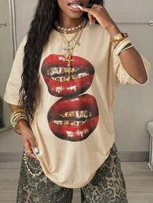 Women's Comfortable White Oversized T-Shirt, Y2K Style, Lip Print, Casual Style, Tropical Vacation, 2026 Fashion, Cute Style, Casual Style. 180g (Sizes S-XXXL) - 卡其色 - 查看 5
