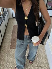 Live To Mo 夏季黑色针织背心，配金色纽扣，优雅休闲无袖V领开衫，女士办公及日常休闲穿搭 - 黑色 - 查看 1
