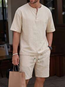 Bộ đồ nam 2 món chất liệu giả vải lanh, cổ Henley, tay ngắn, gồm quần short và áo polo thường ngày, chống nhăn, thoáng khí, thích hợp cho kỳ nghỉ hè ở bãi biển. - Màu be - Xem 4